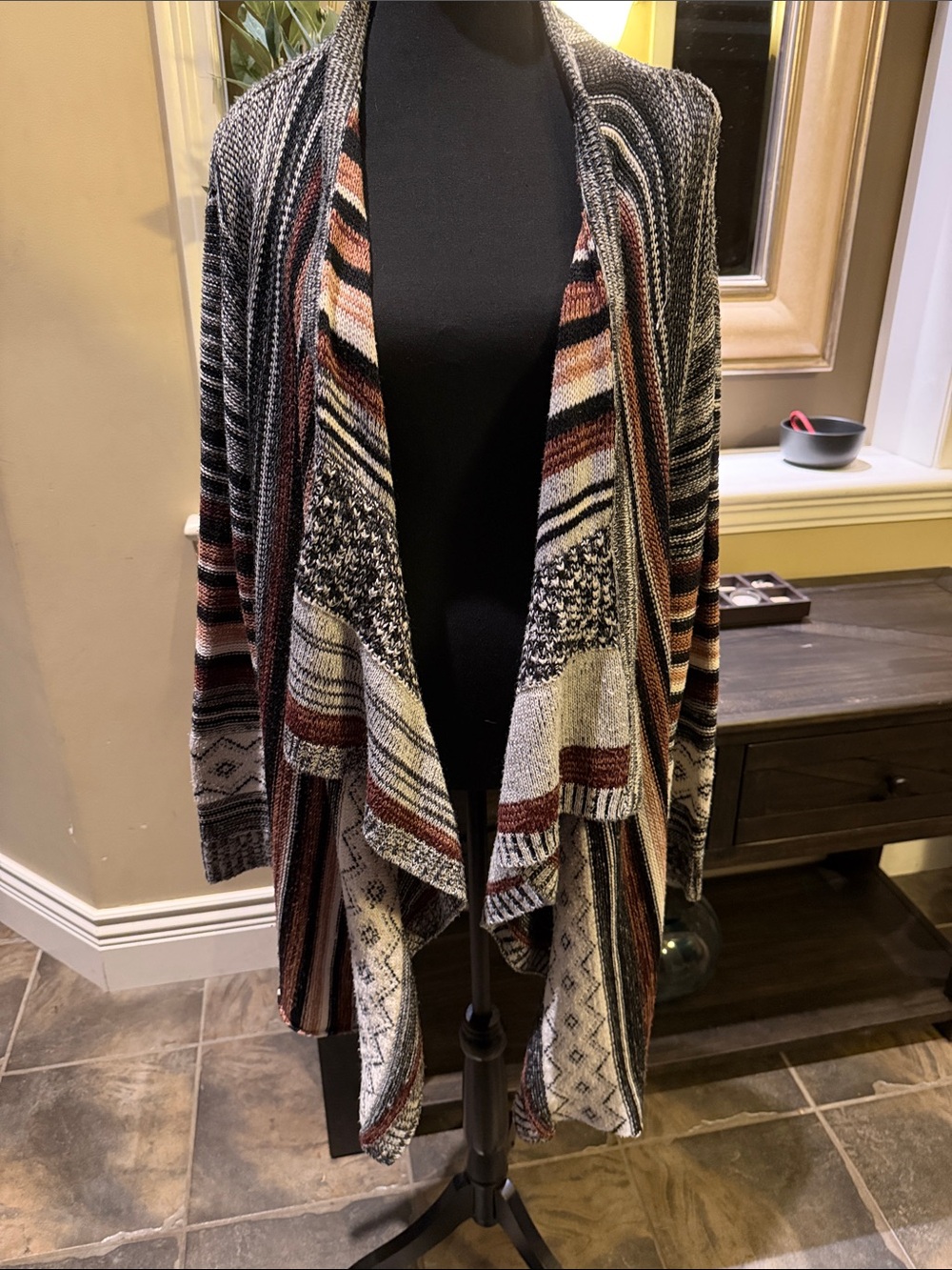 Warehouse One Striped Open-Front Cardigan in Brown, Cream & Gray